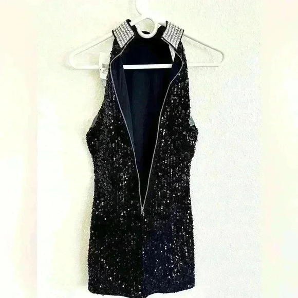 Forever 21 Black Sequin Mini Dress Rhinestone Necklace Style Collar Size Small - Picture 3 of 8